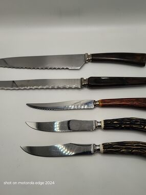 Vintage Faux Stag/Wood Kitchen Knife Lot Sheffield Atkinson Empire & Olympia 6pc
